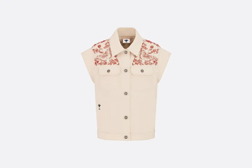 Embroidered Jacket • White Cotton Denim and Coral-Colored Beads