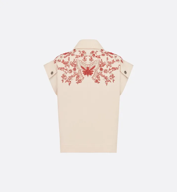 Embroidered Jacket • White Cotton Denim and Coral-Colored Beads