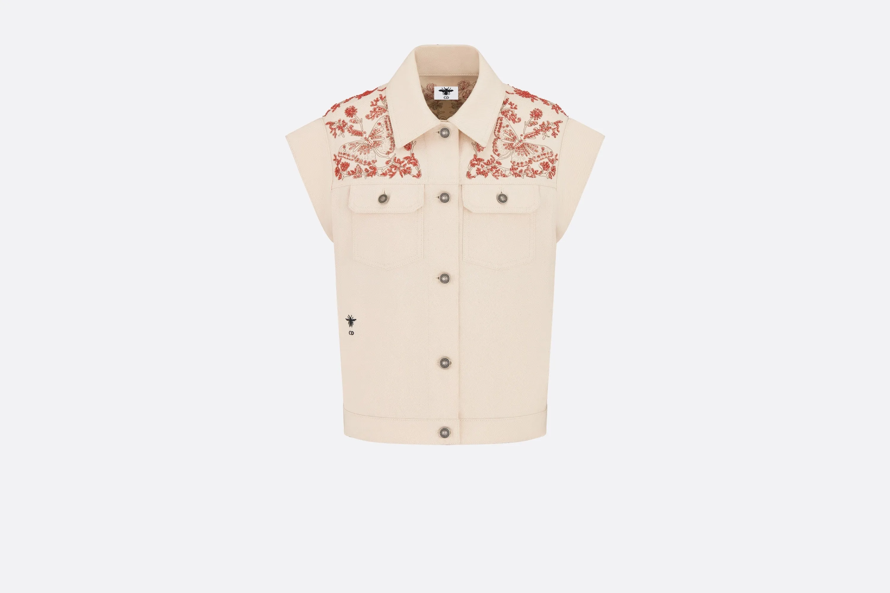 Embroidered Jacket • White Cotton Denim and Coral-Colored Beads