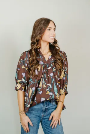 Espresso Floral V-Neck Half Sleeve Blouse T24097