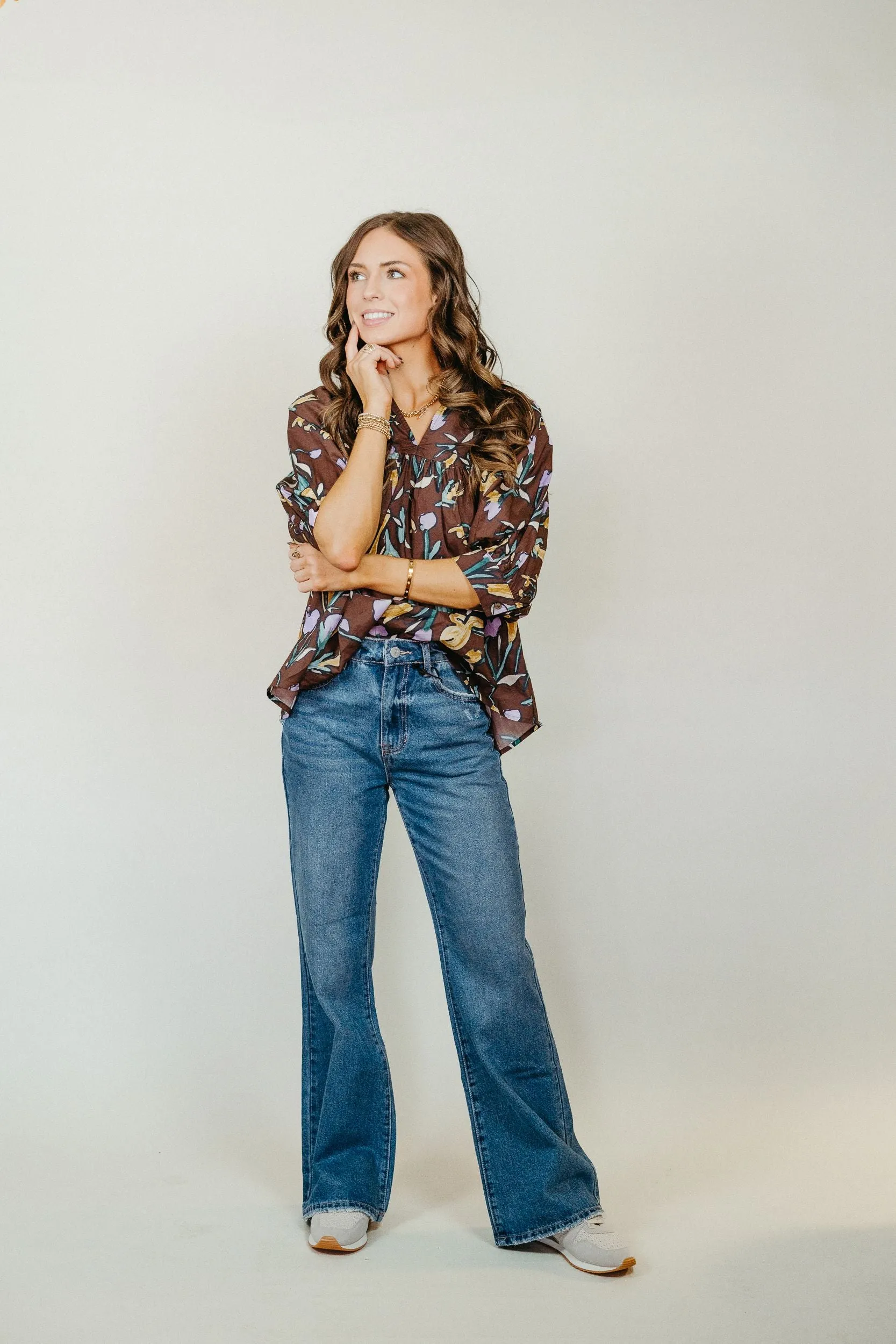 Espresso Floral V-Neck Half Sleeve Blouse T24097