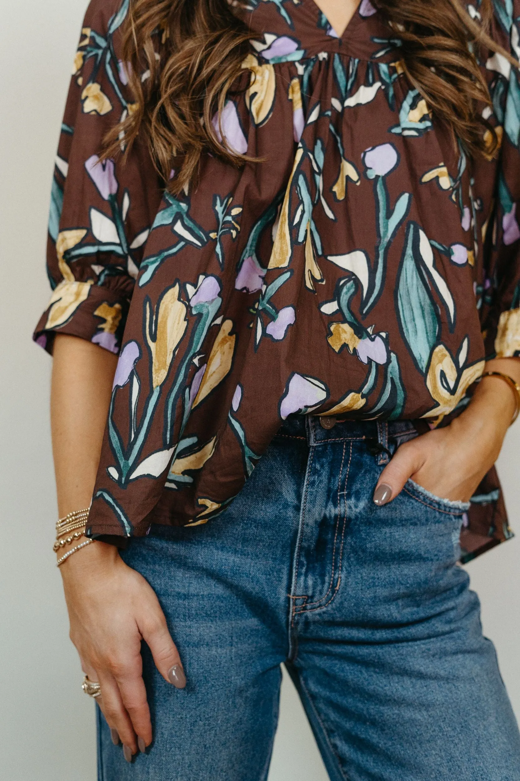 Espresso Floral V-Neck Half Sleeve Blouse T24097