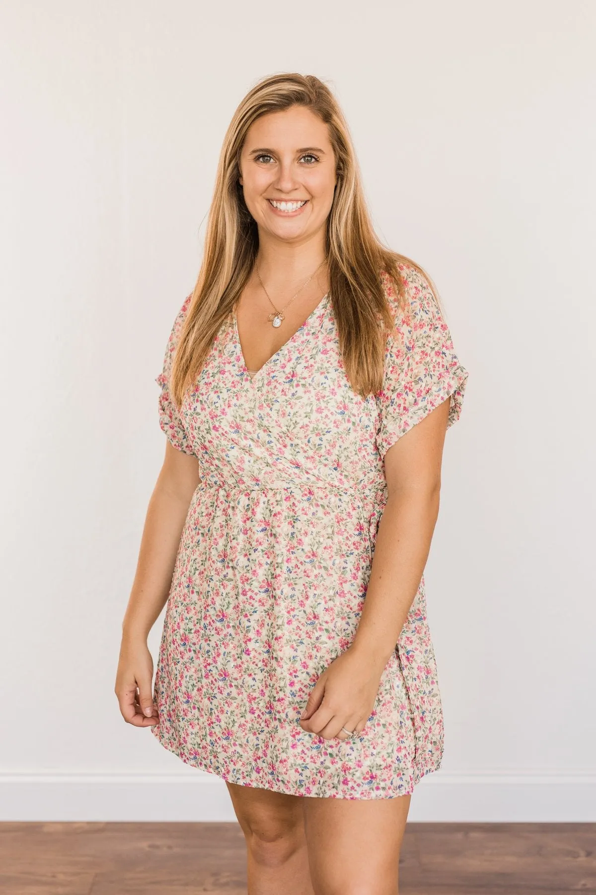 Feeling Unstoppable V-Neck Floral Dress- Cream & Pink
