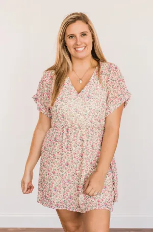 Feeling Unstoppable V-Neck Floral Dress- Cream & Pink
