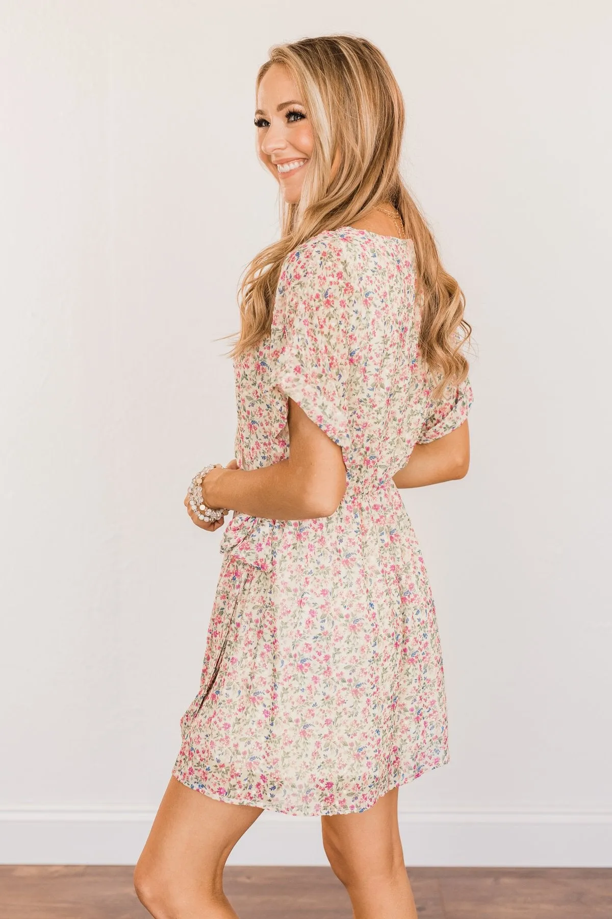 Feeling Unstoppable V-Neck Floral Dress- Cream & Pink