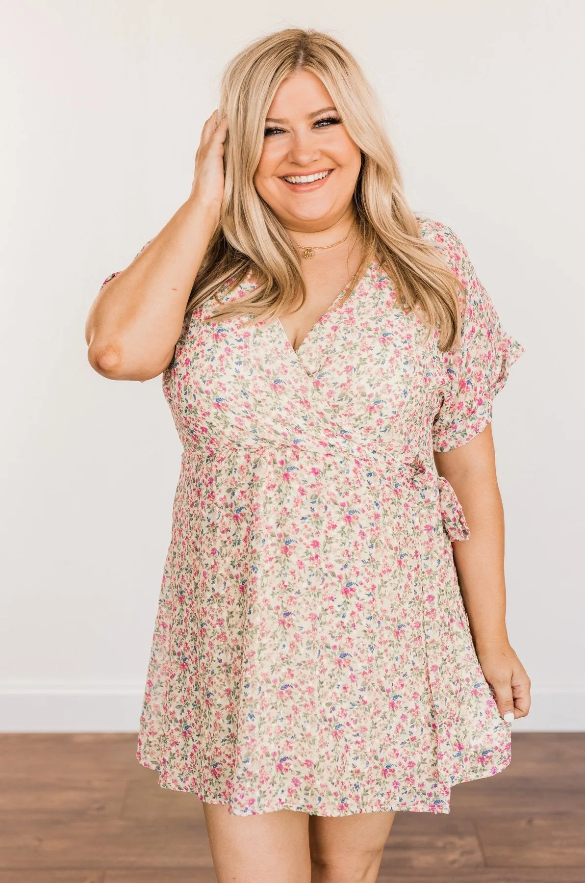 Feeling Unstoppable V-Neck Floral Dress- Cream & Pink