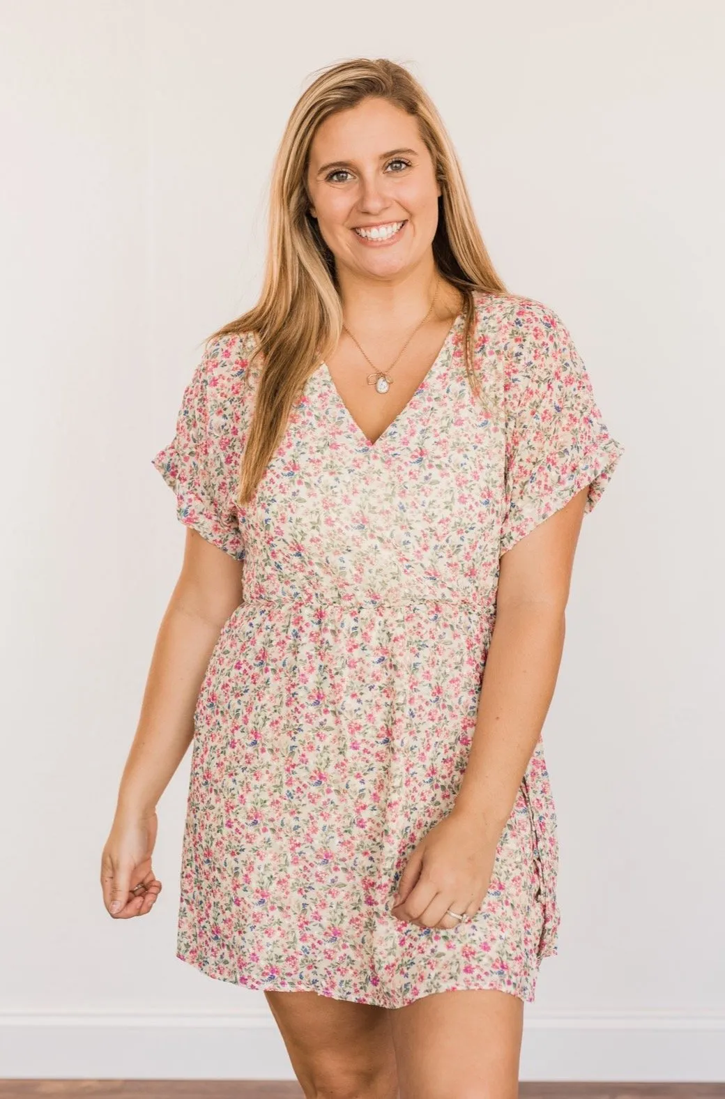 Feeling Unstoppable V-Neck Floral Dress- Cream & Pink