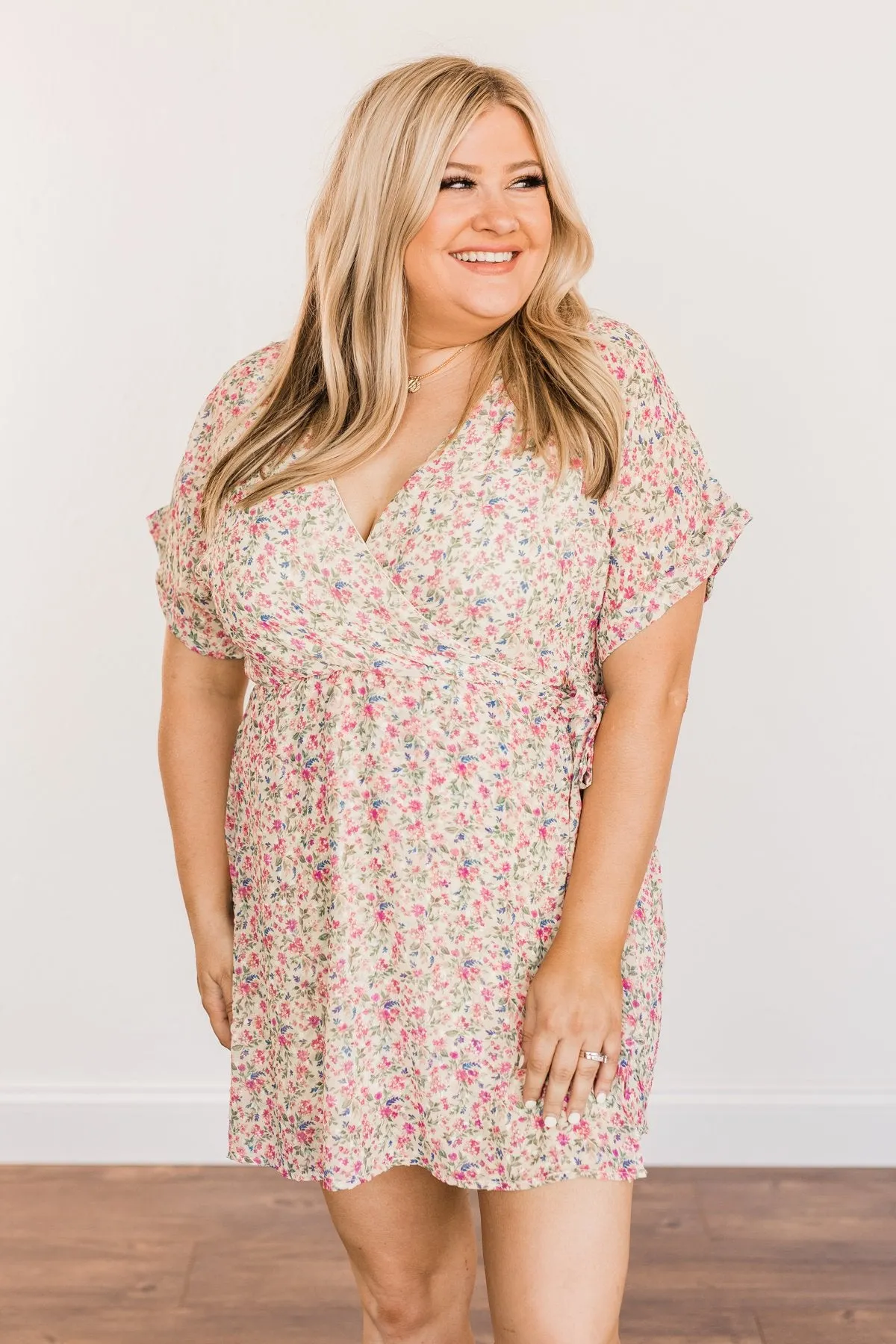 Feeling Unstoppable V-Neck Floral Dress- Cream & Pink