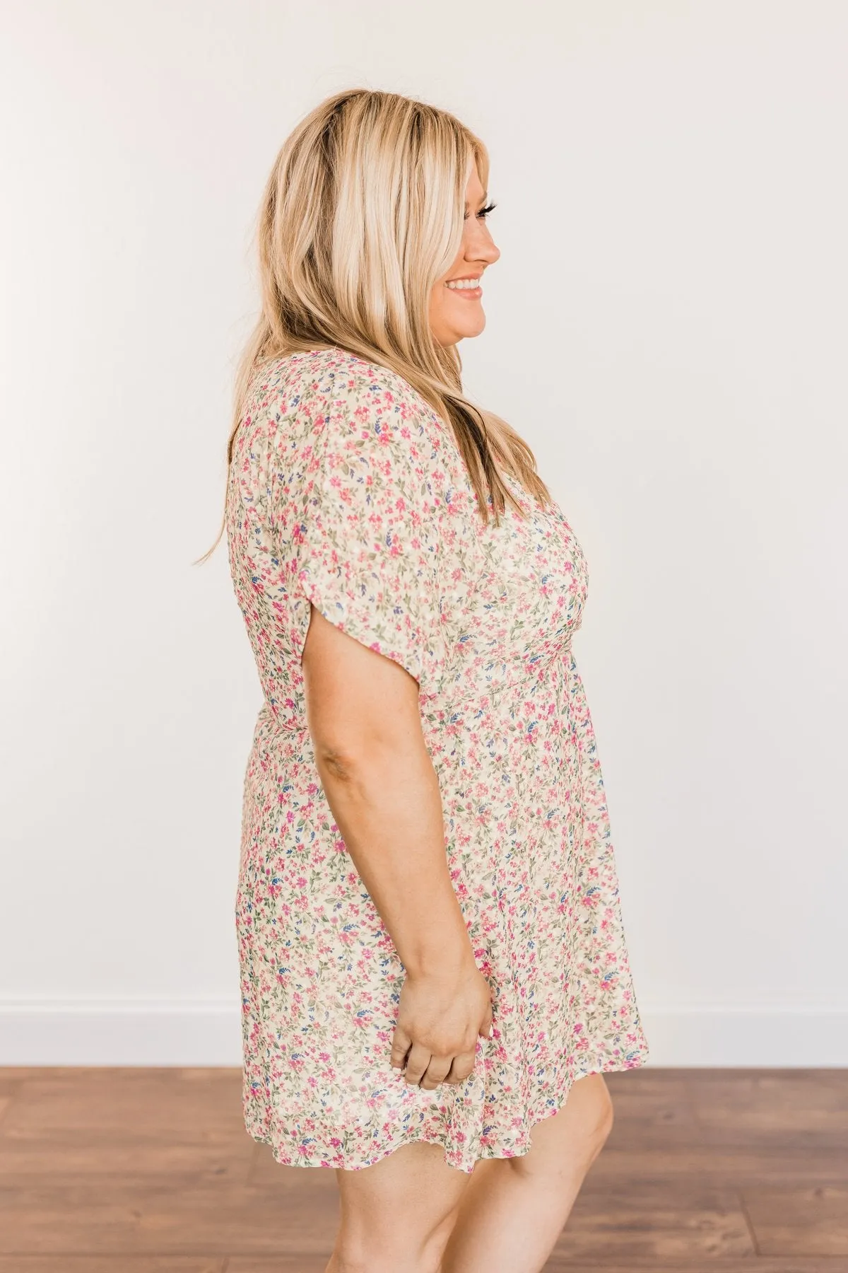 Feeling Unstoppable V-Neck Floral Dress- Cream & Pink