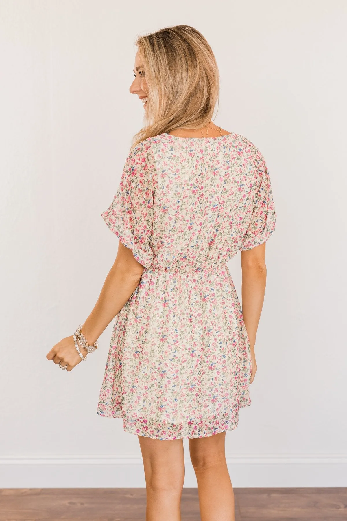 Feeling Unstoppable V-Neck Floral Dress- Cream & Pink