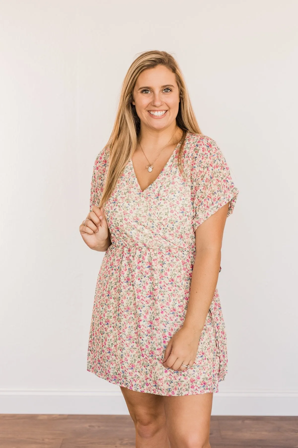 Feeling Unstoppable V-Neck Floral Dress- Cream & Pink