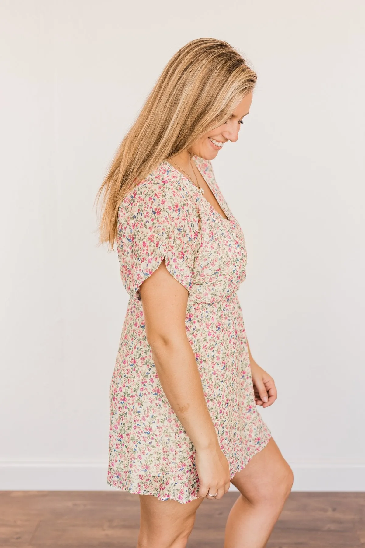 Feeling Unstoppable V-Neck Floral Dress- Cream & Pink