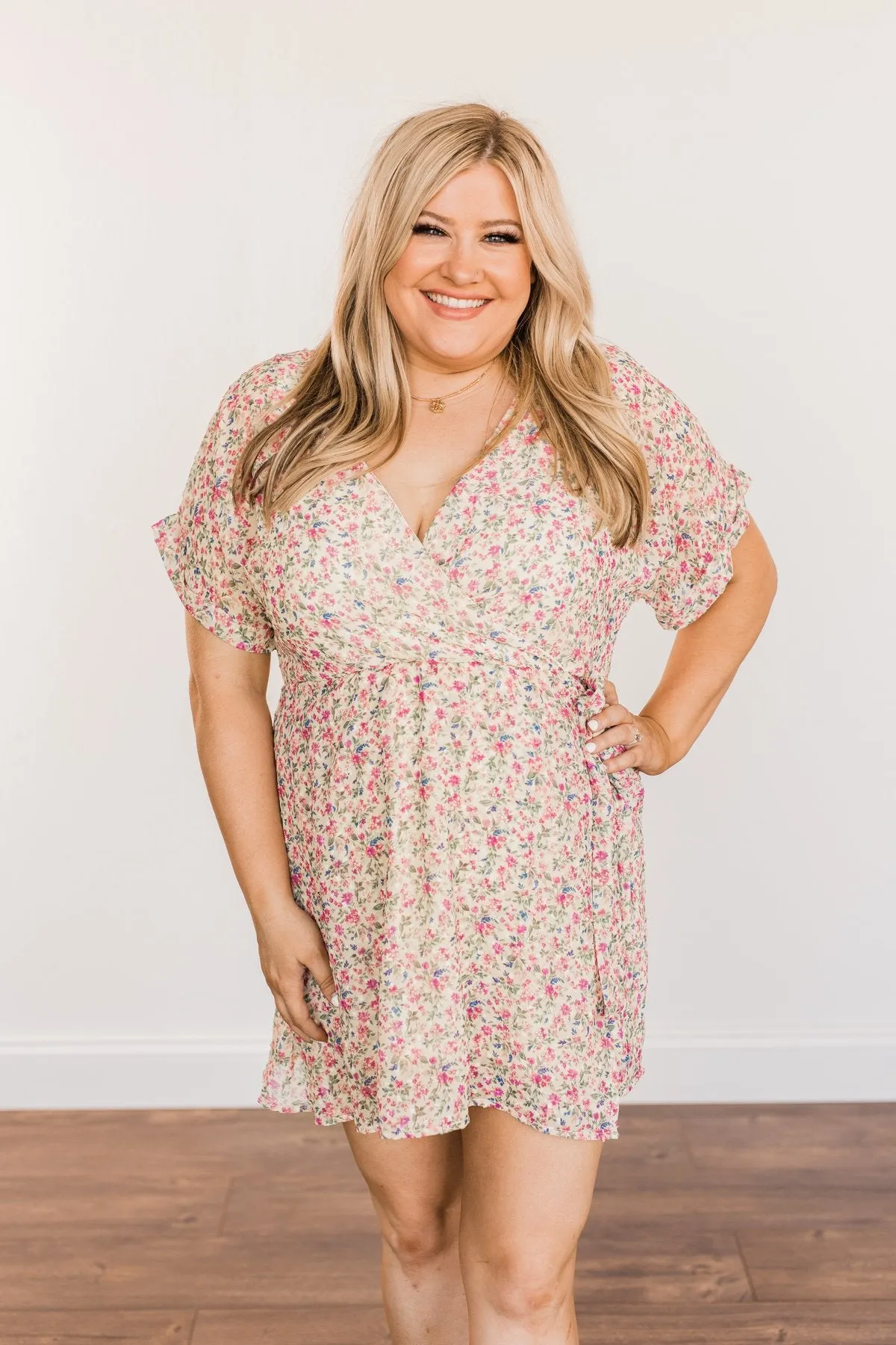 Feeling Unstoppable V-Neck Floral Dress- Cream & Pink