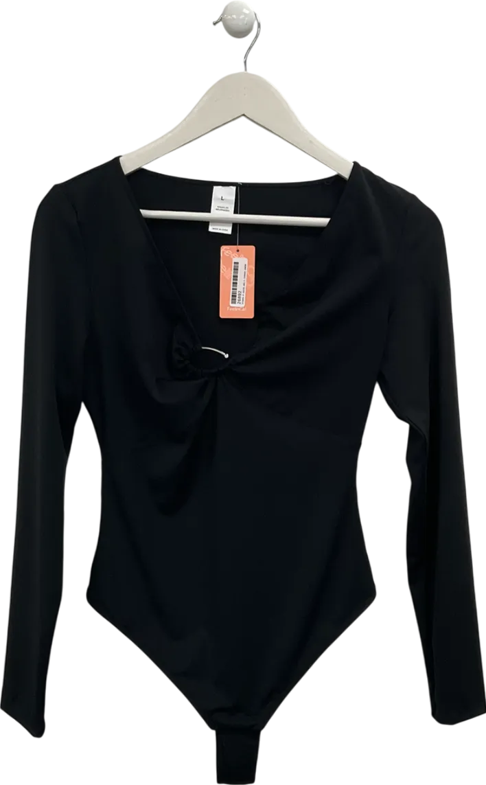 FeelinGirl Black Deep V Neck U Ring Bodysuit UK L