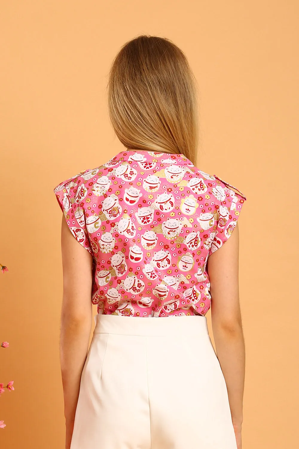 Felizia Linen Top in Pink Fortune Cat