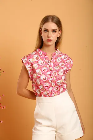 Felizia Linen Top in Pink Fortune Cat