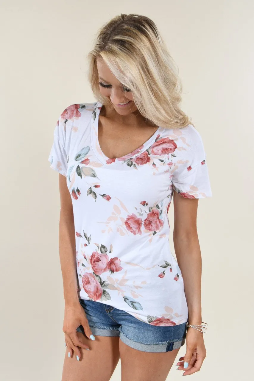 Floral V-Neck ~ Ivory