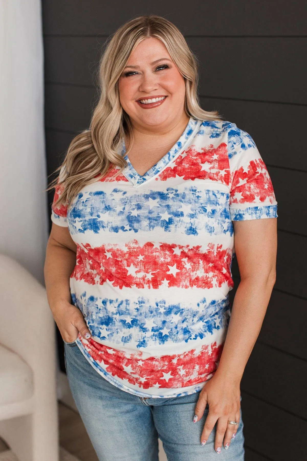 Follow The Stars V-Neck Top- Red, White, & Blue