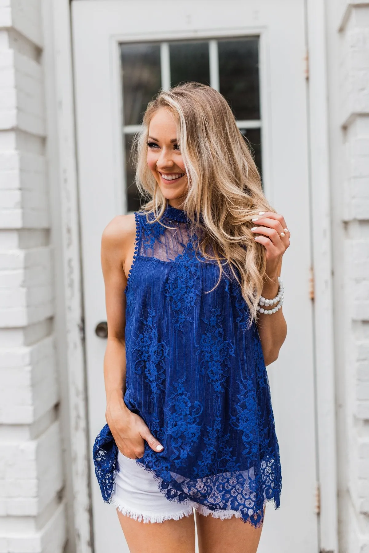 Forever By My Side Lace Tank Top- Royal Blue