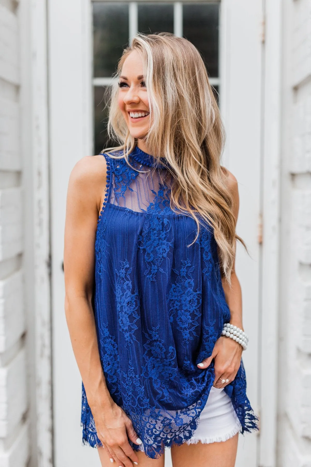 Forever By My Side Lace Tank Top- Royal Blue