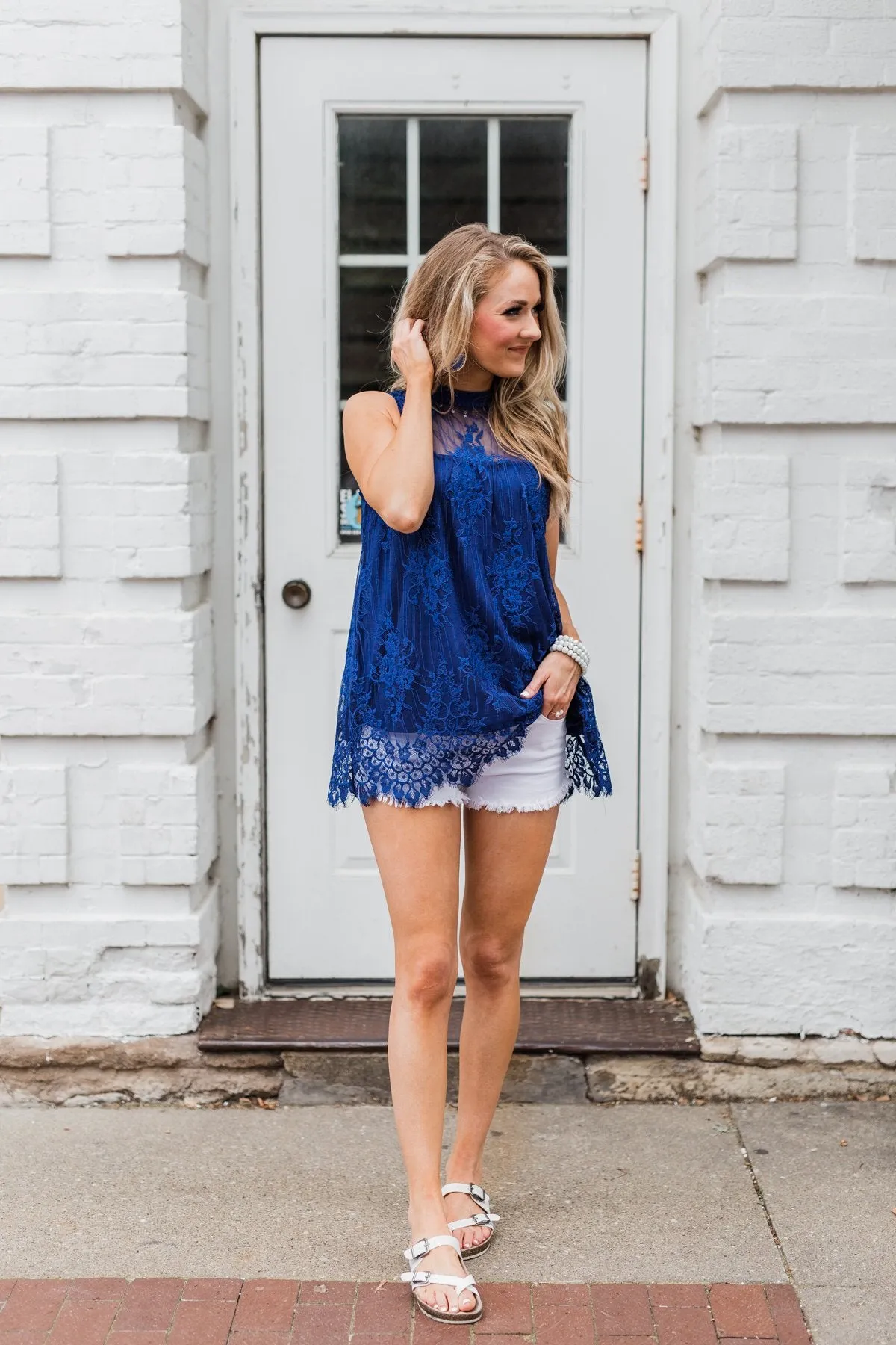 Forever By My Side Lace Tank Top- Royal Blue