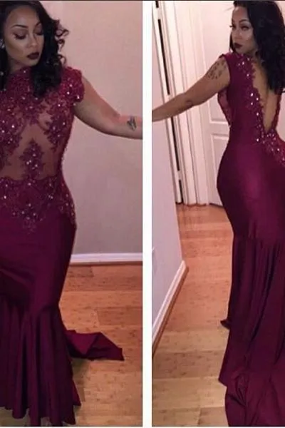 Gorgeous Cap Sleeve Burgundy Prom Party GownsMermaid With Lace Appliques