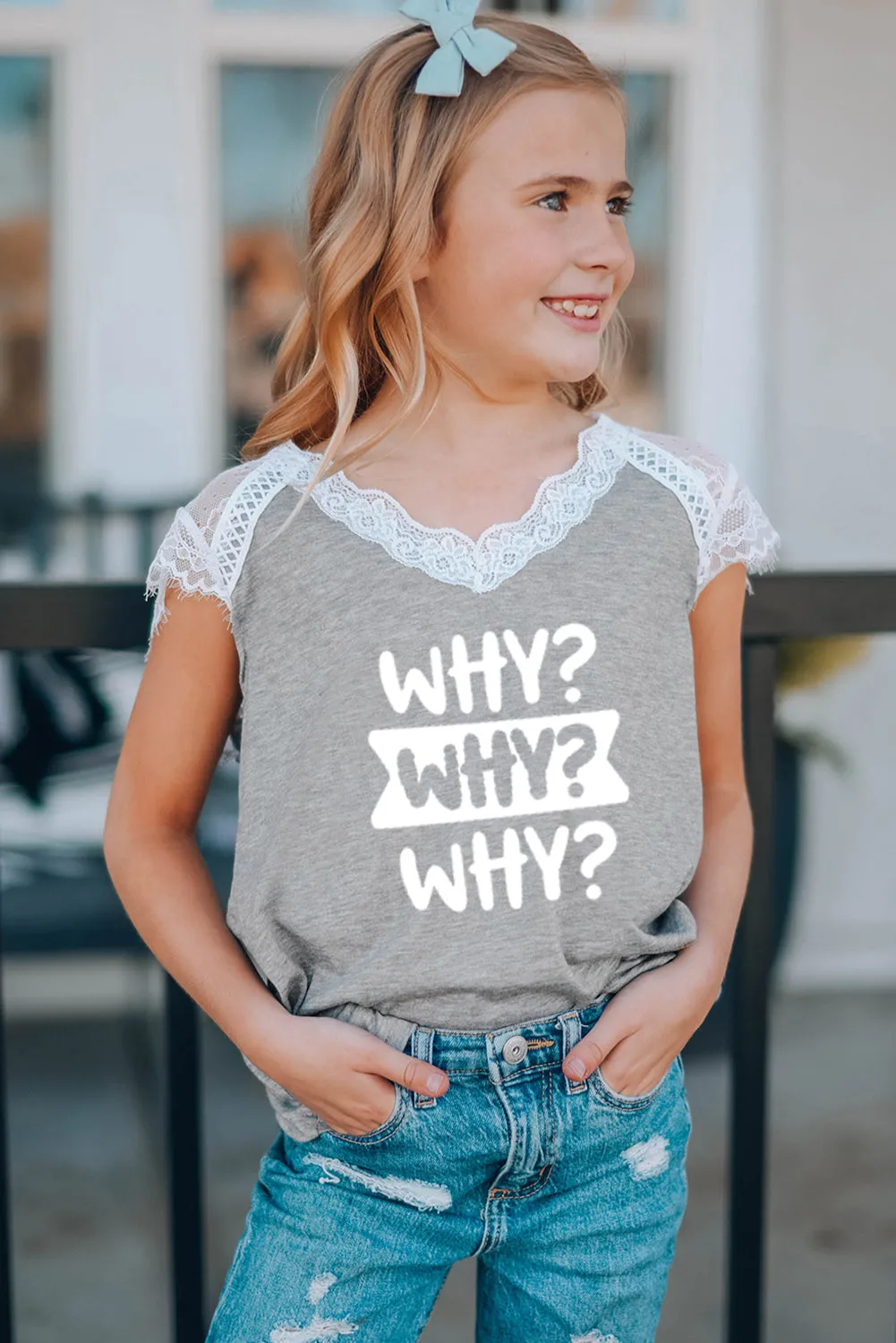 Gray Family Matching Letter Print Lace Crochet V Neck Girl's Top