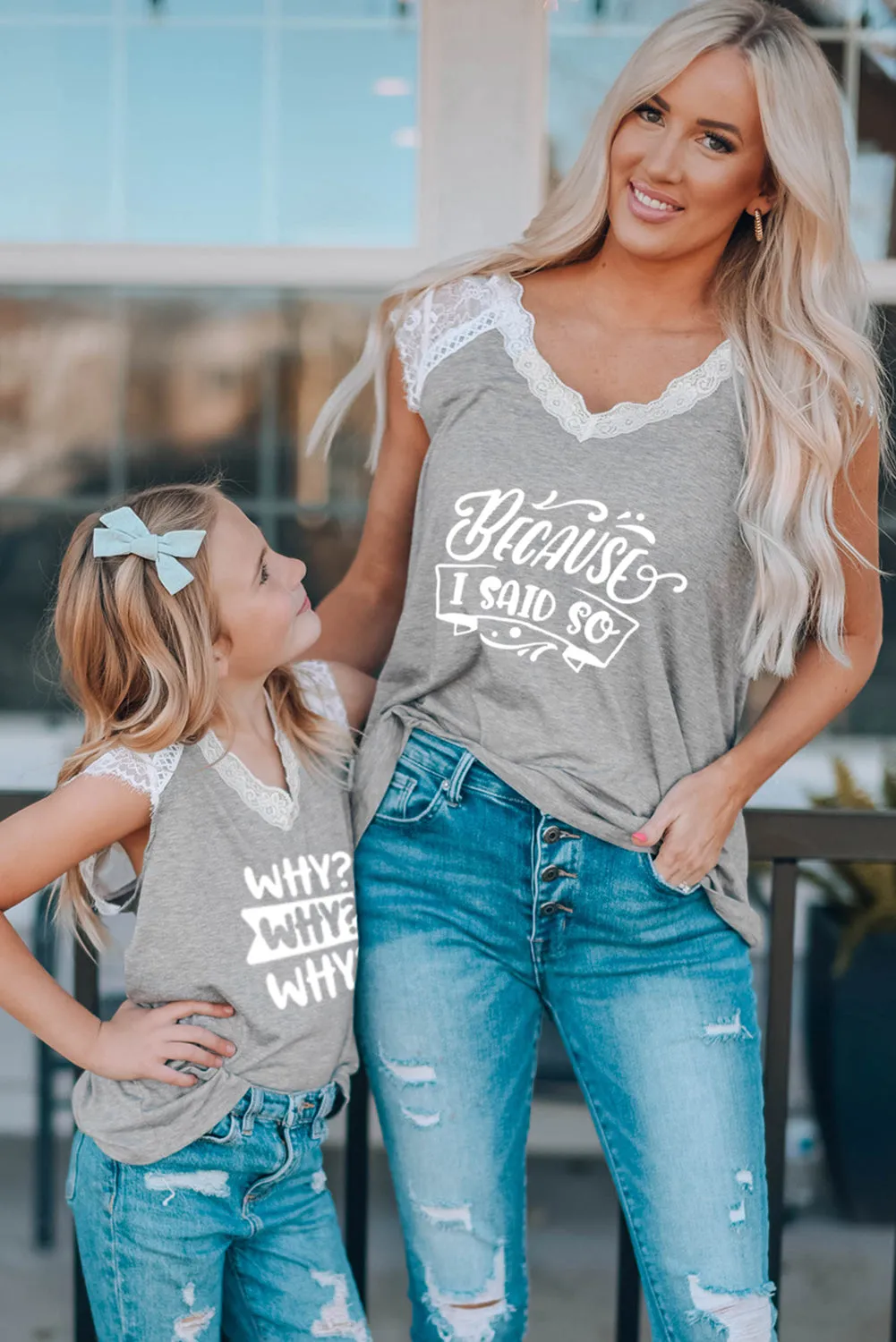 Gray Family Matching Letter Print Lace Crochet V Neck Girl's Top