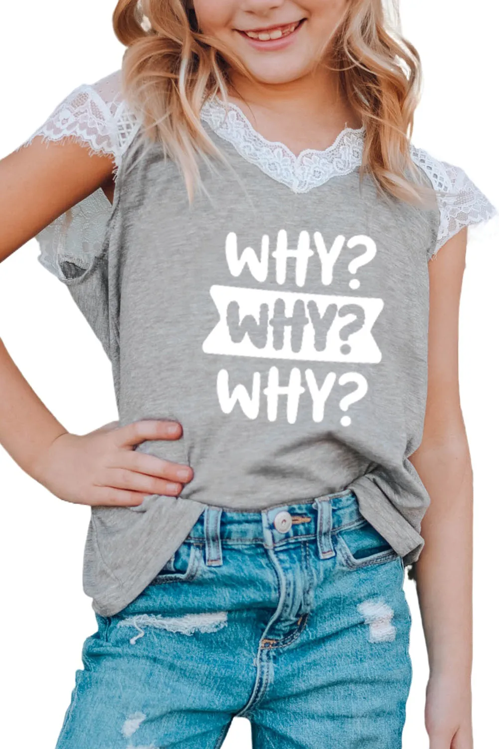 Gray Family Matching Letter Print Lace Crochet V Neck Girl's Top