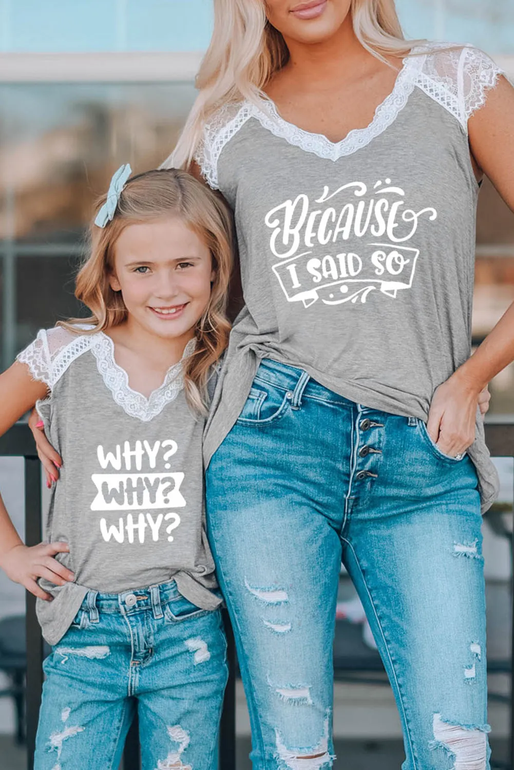 Gray Family Matching Letter Print Lace Crochet V Neck Girl's Top