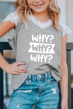 Gray Family Matching Letter Print Lace Crochet V Neck Girl's Top