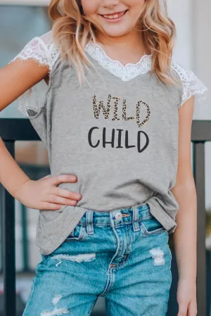 Gray WILD CHILD Leopard Print Lace Splicing V Neck Girl's T Shirt