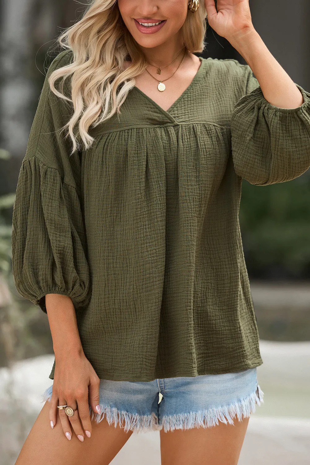 Green Textured V Neck Bracelet Sleeve Babydoll Blouse