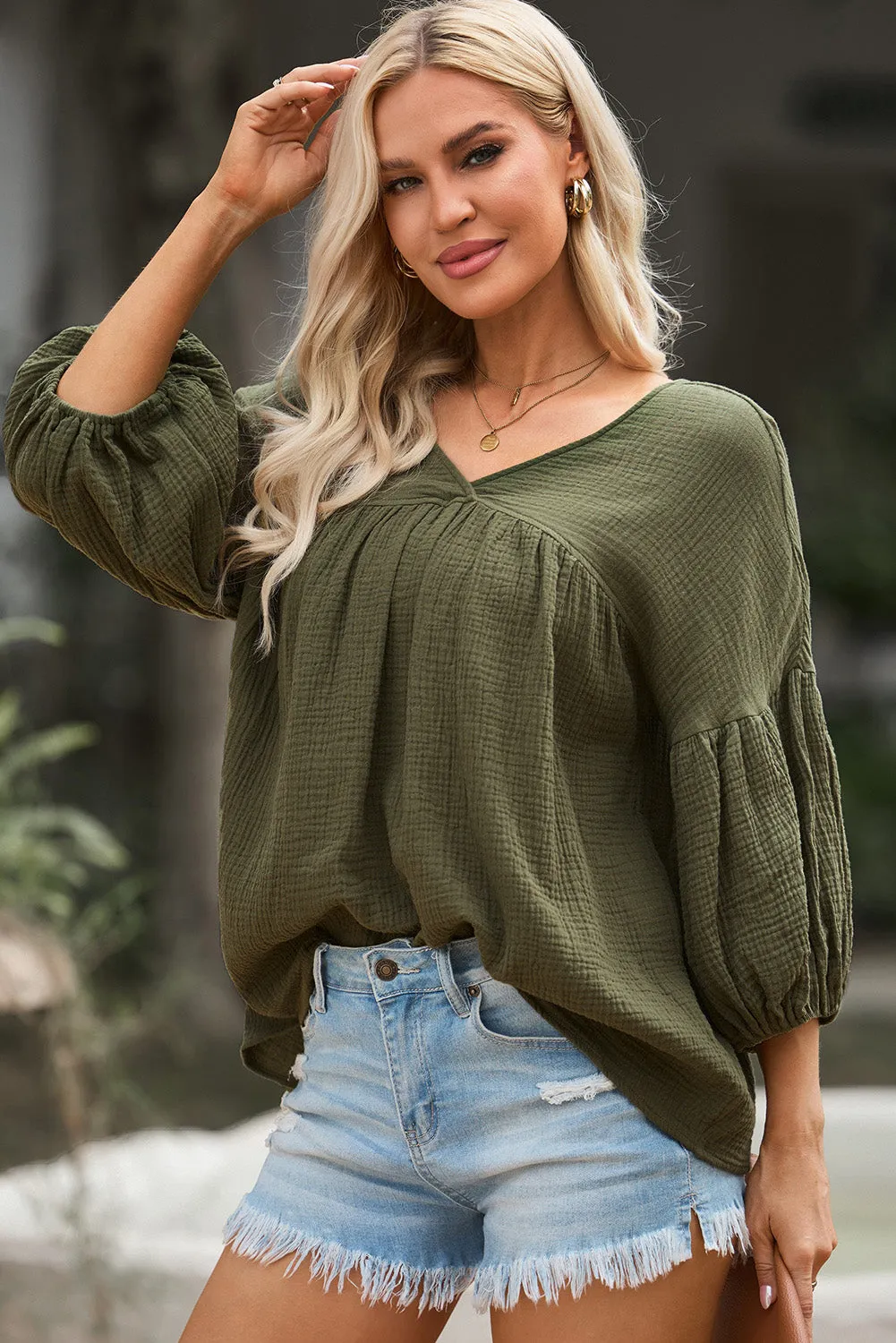 Green Textured V Neck Bracelet Sleeve Babydoll Blouse