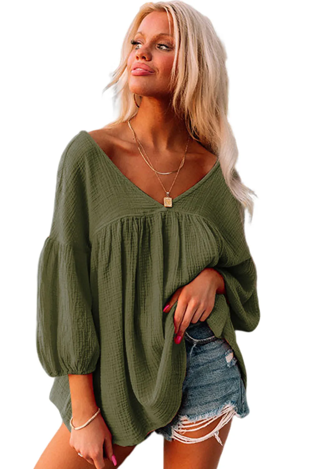 Green Textured V Neck Bracelet Sleeve Babydoll Blouse