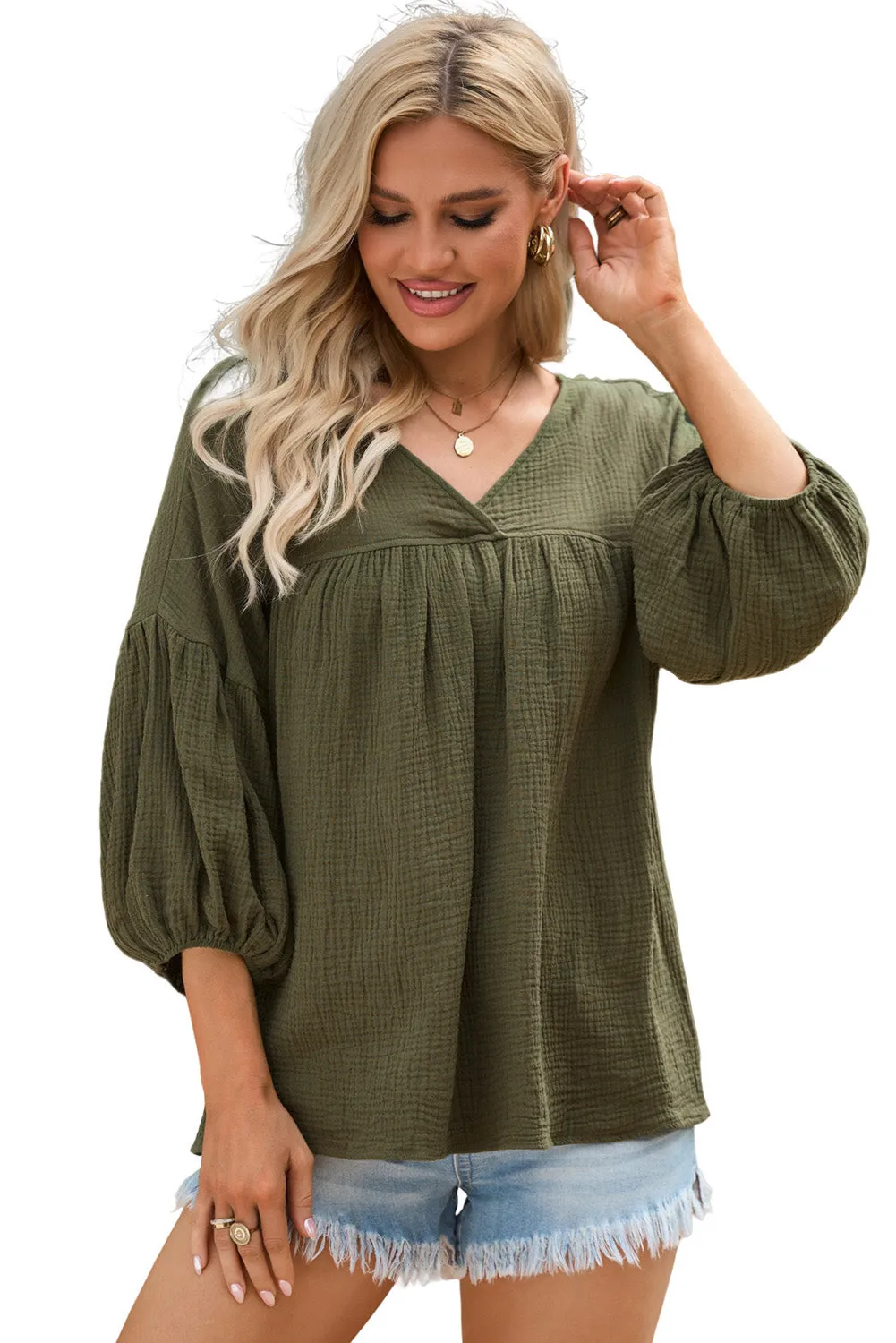 Green Textured V Neck Bracelet Sleeve Babydoll Blouse