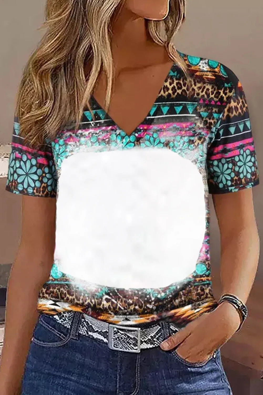 Green Western Print Bleached V Neck Tee