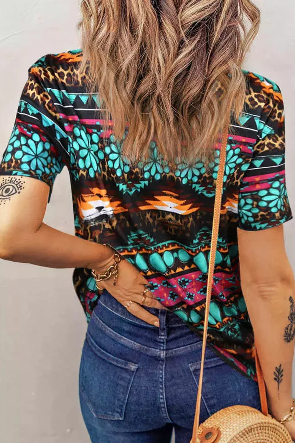 Green Western Print Bleached V Neck Tee