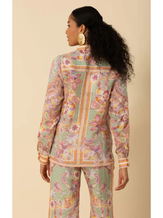 Hale Bob Nia Border Print Floral Linen Blouse in Green