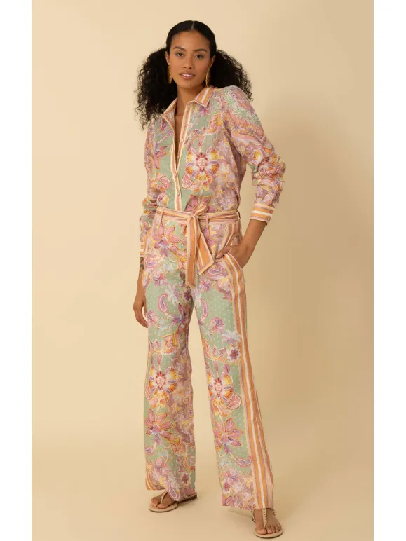Hale Bob Nia Border Print Floral Linen Blouse in Green