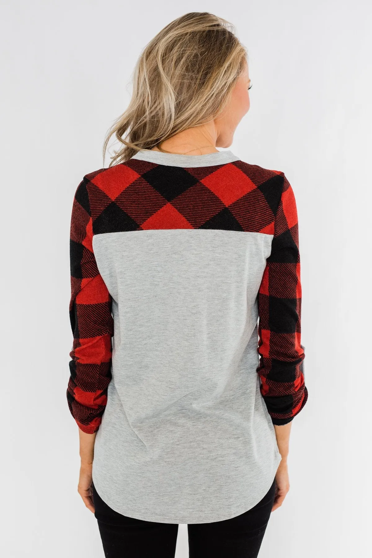 Here I Am V-Neck Top- Heather Grey & Buffalo Plaid