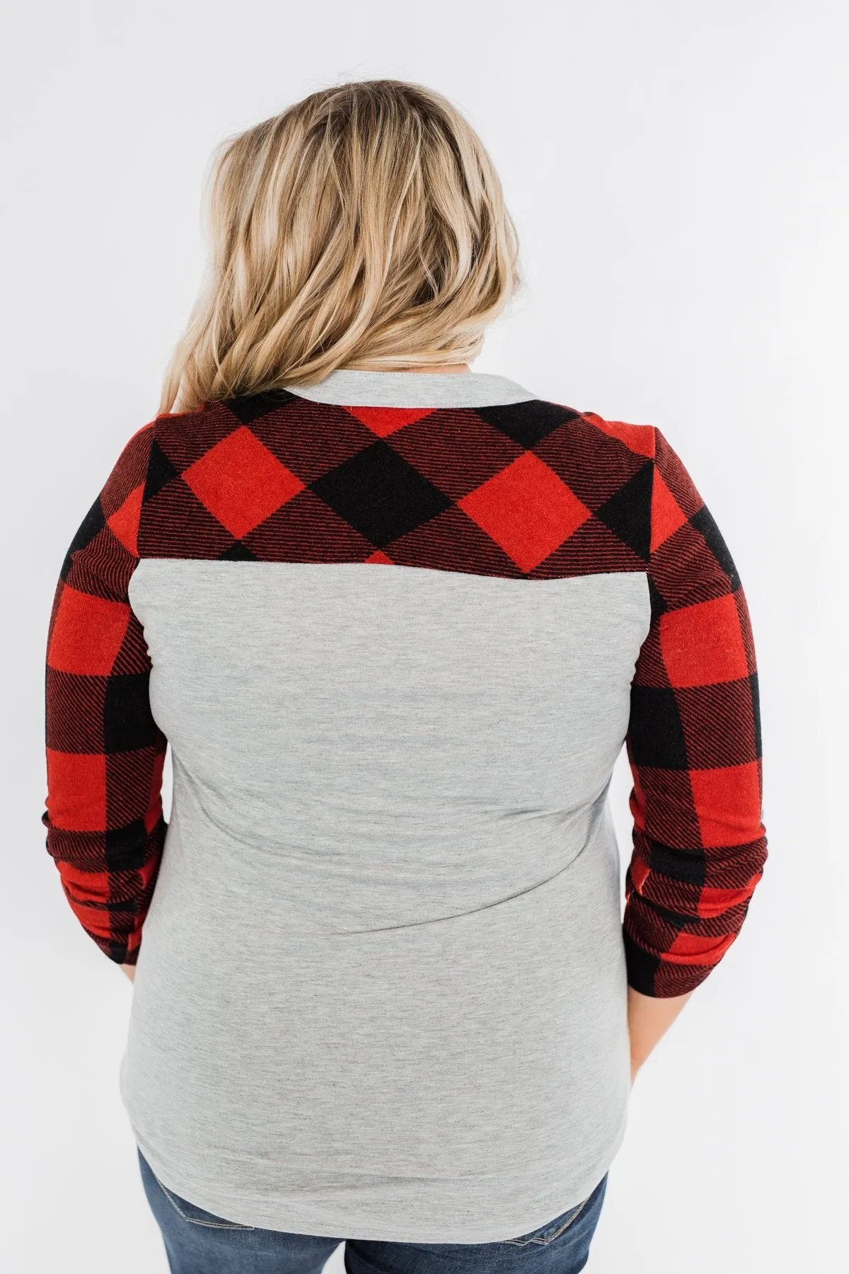 Here I Am V-Neck Top- Heather Grey & Buffalo Plaid