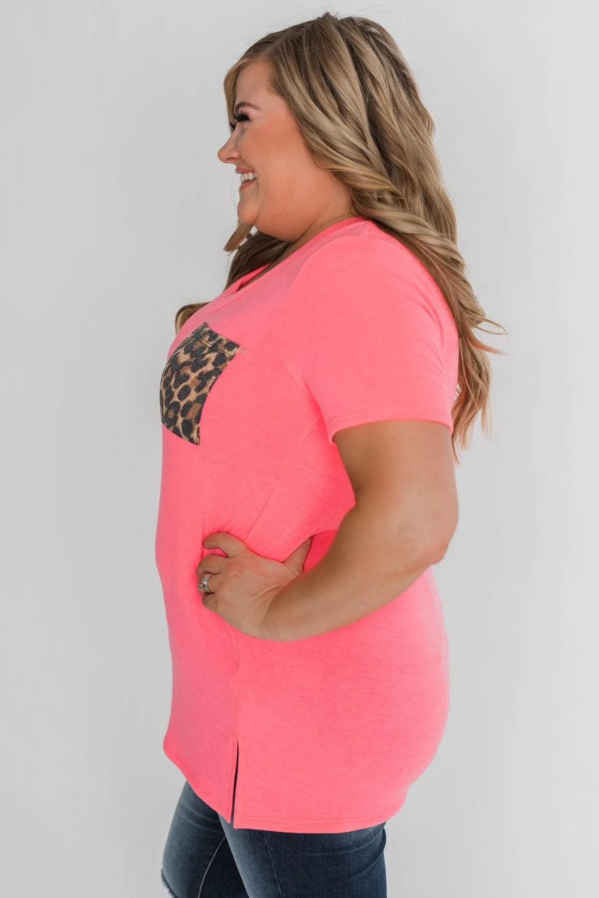 Hint of Leopard Short Sleeve Top - Bright Pink
