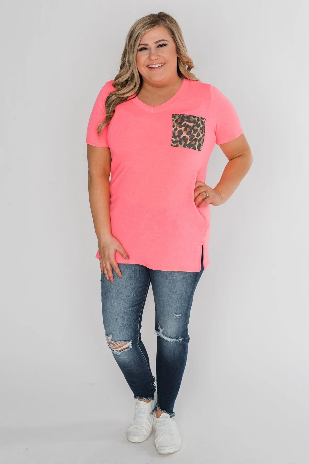 Hint of Leopard Short Sleeve Top - Bright Pink