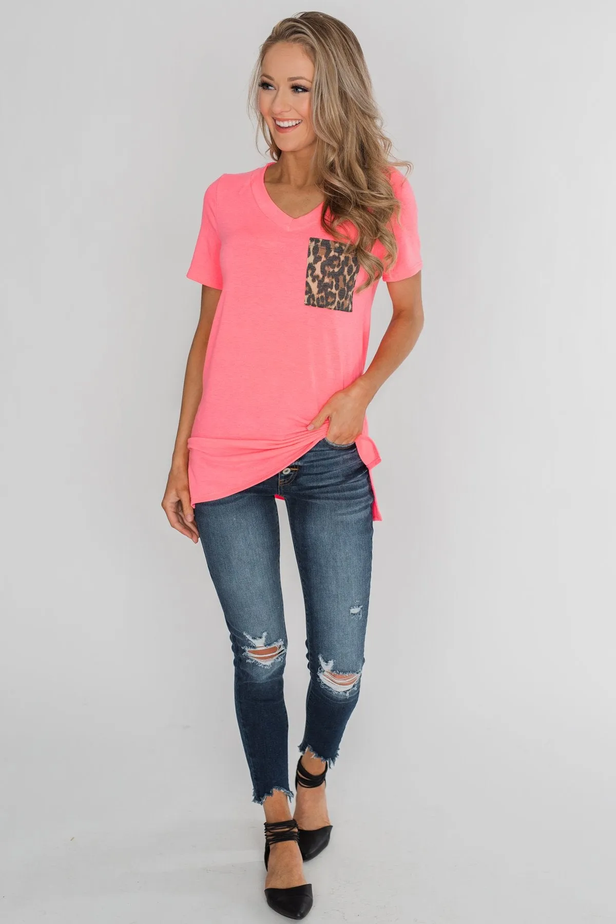 Hint of Leopard Short Sleeve Top - Bright Pink