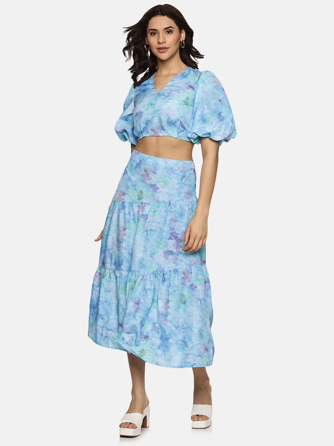 IS.U Floral Blue Cut And Sew Midaxi Skirt