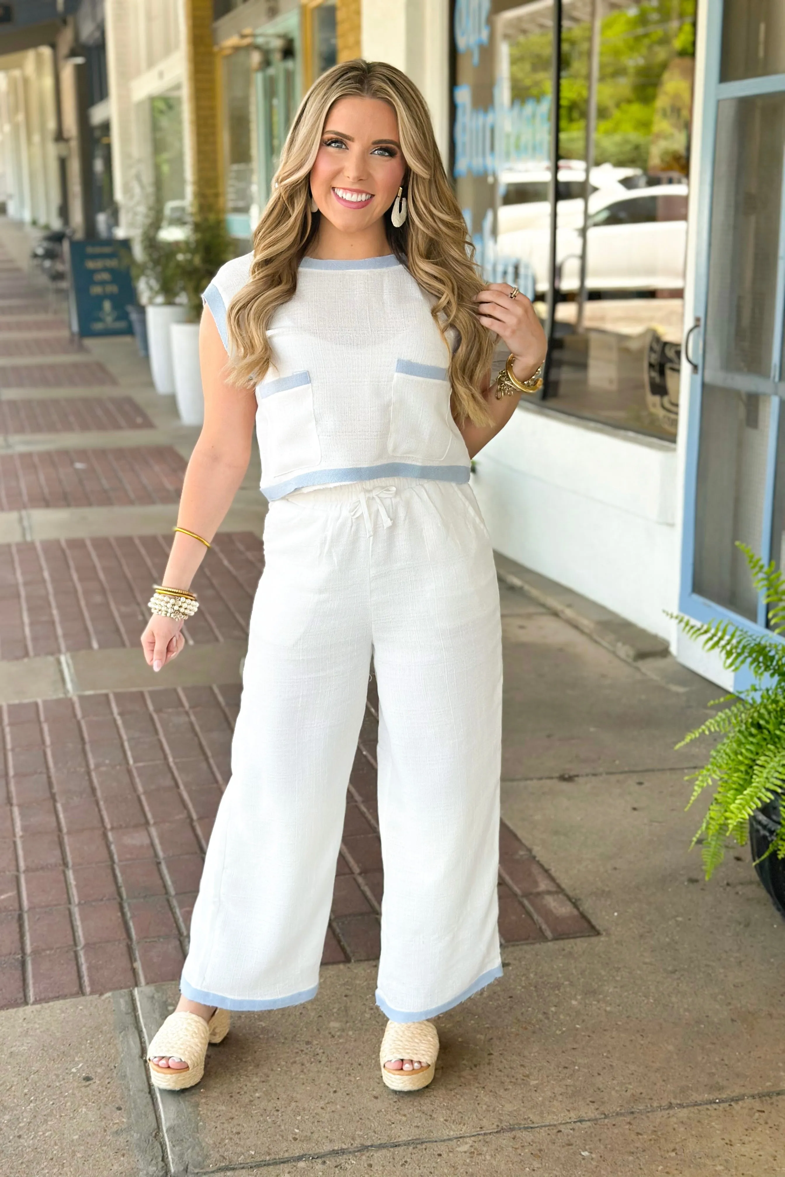 Ivory and Sky Contrast Band Top & Pants Set