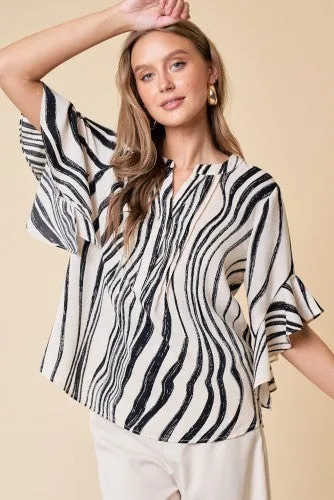 Ivory Brush Stroke Printed V Neck Blouse