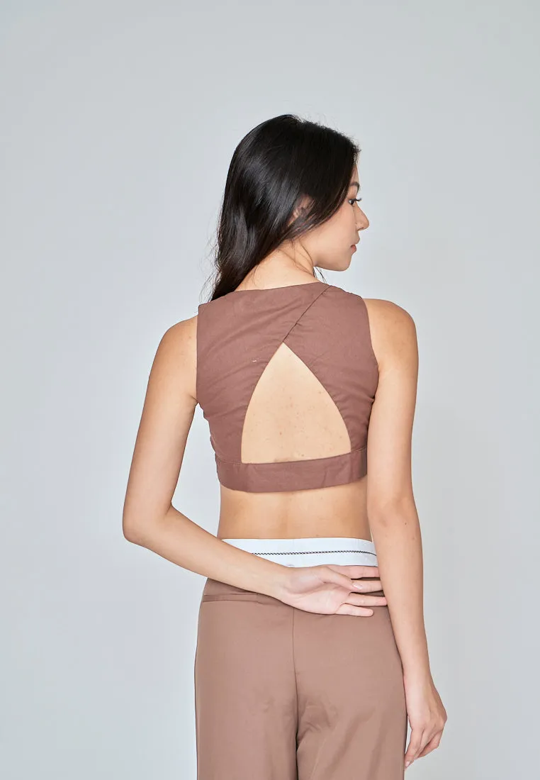 Jiji Brown Linen V Neck Collared Button Sleeveless Open Back Top