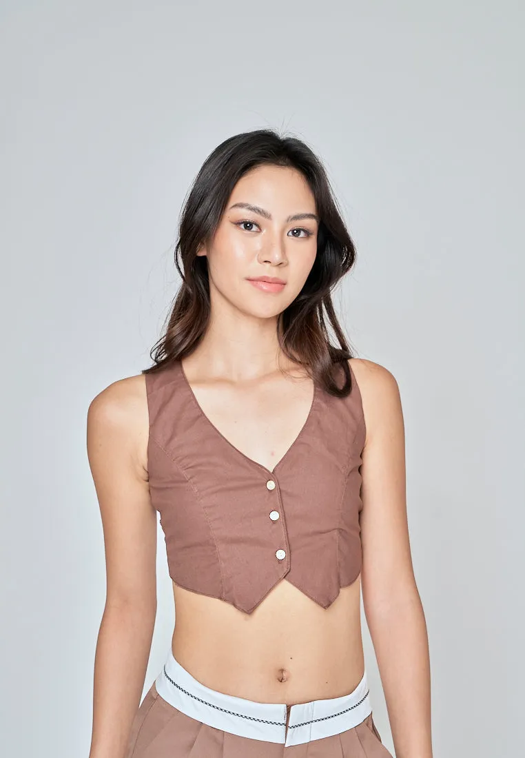 Jiji Brown Linen V Neck Collared Button Sleeveless Open Back Top